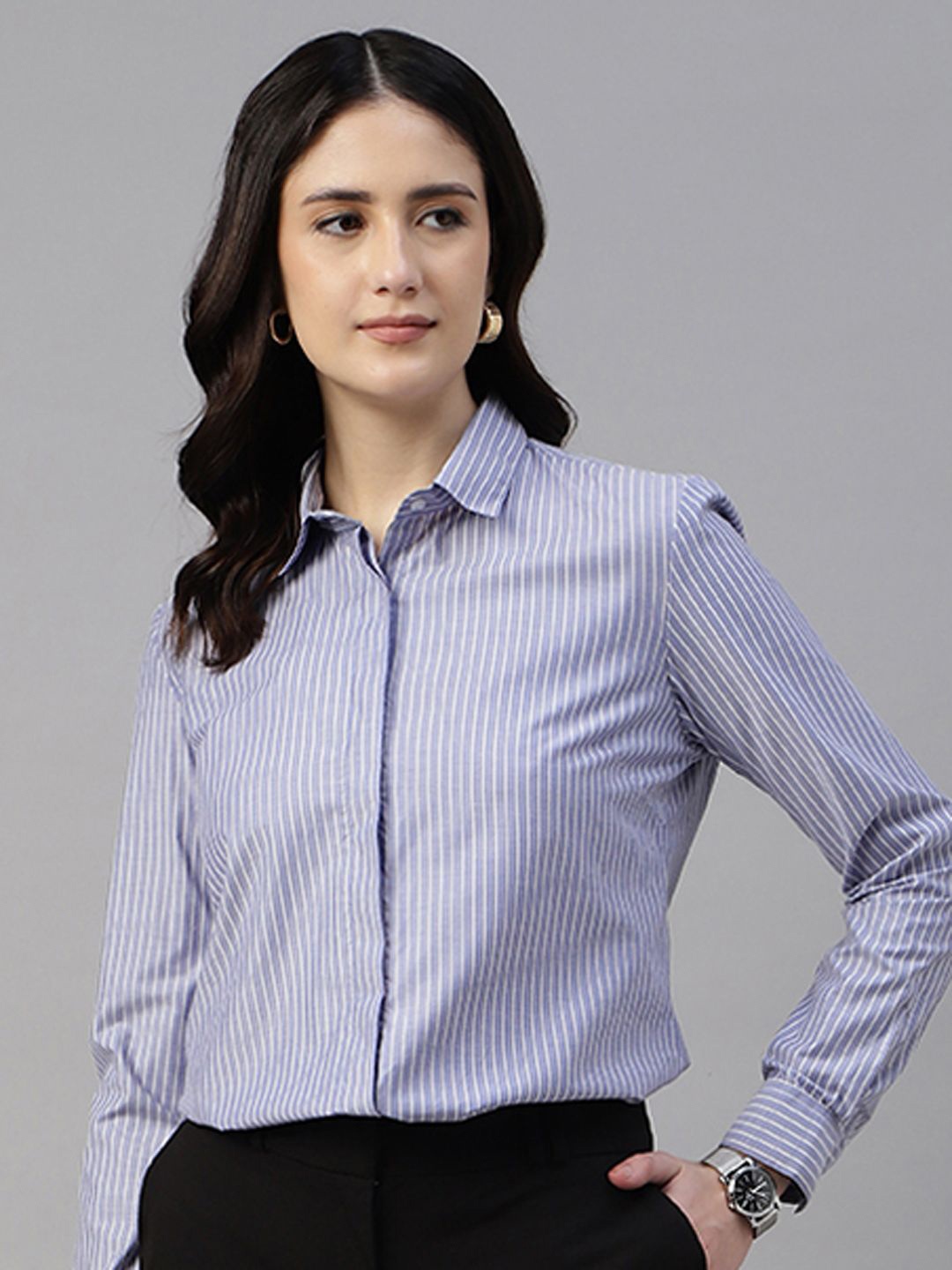 

English Navy Women Opaque Striped Formal Shirt, Blue