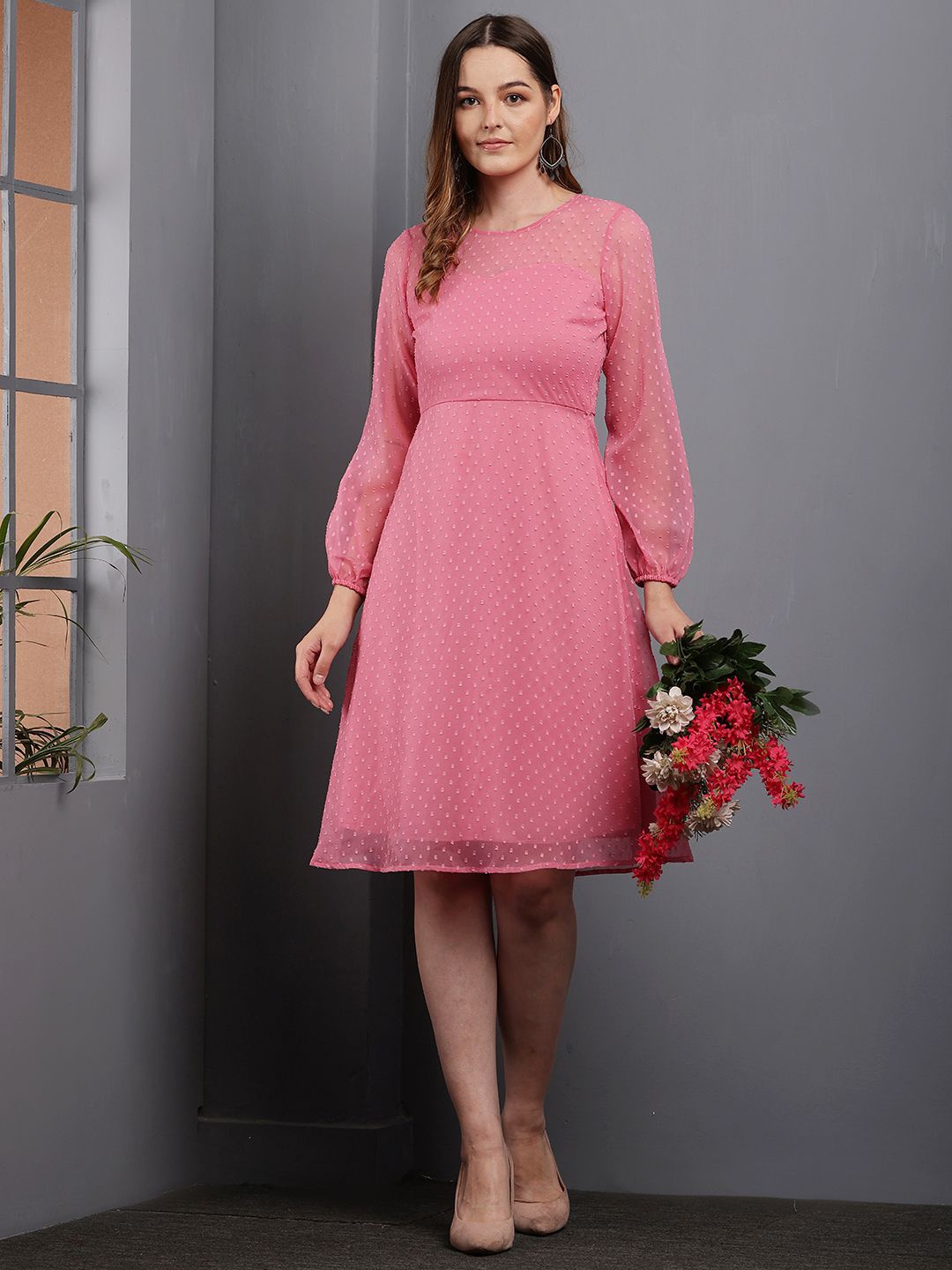 

Tushita Puff Sleeve Georgette Fit & Flare Dress, Pink