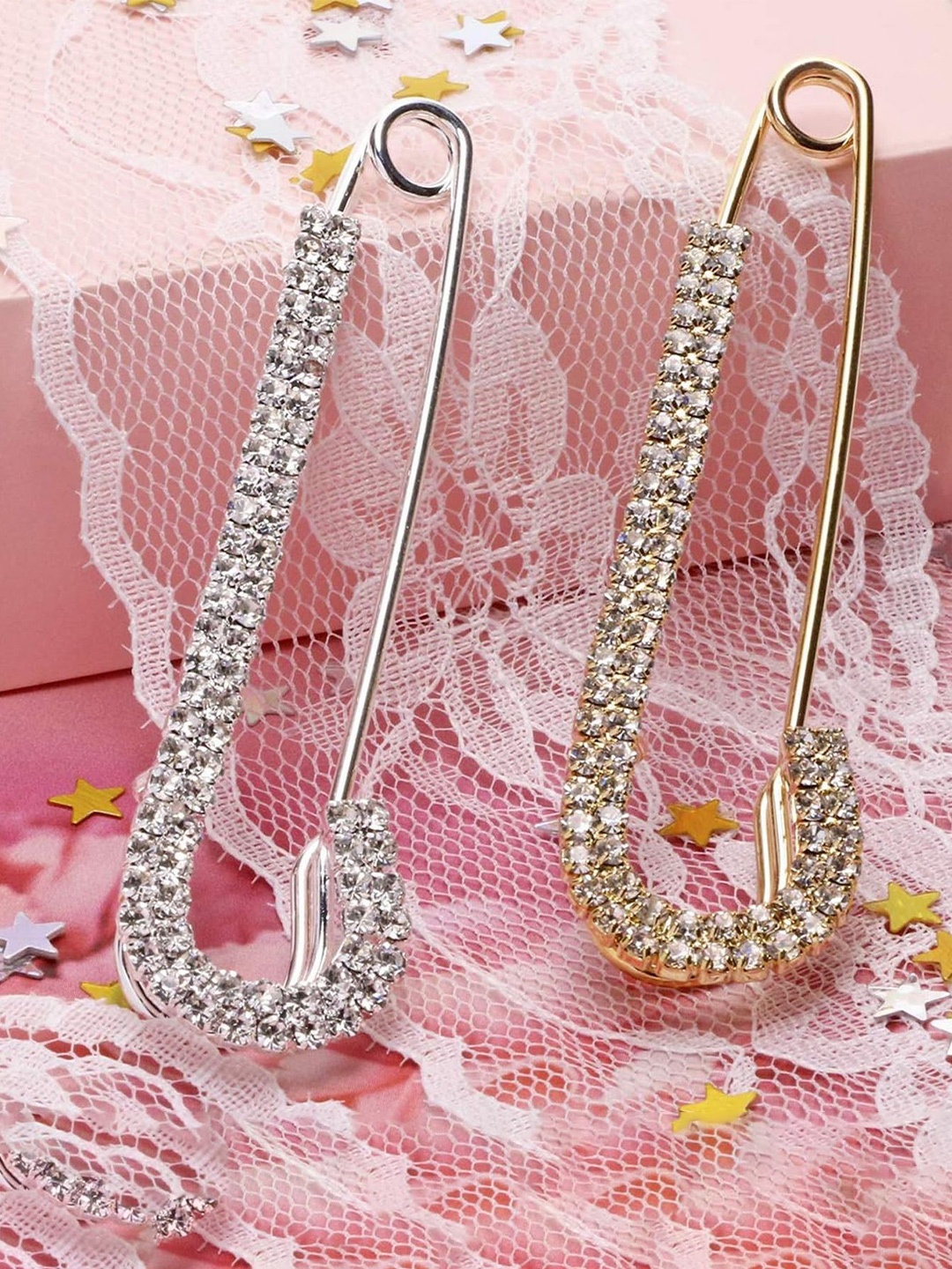 

VAMA 2 Pcs Rhinestone Safety Pin, Gold