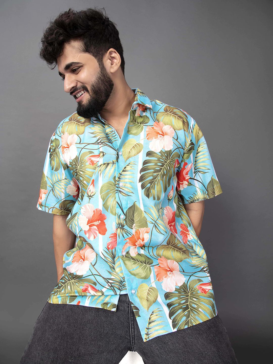 

BOWLIFESTYLE Men Classic Spread Collar Floral Printed Cotton Casual Shirt, Blue