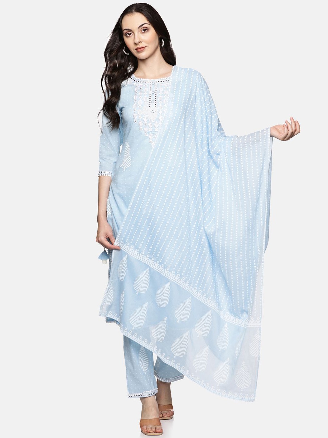 

RAJMANDIRFABRICS Women Floral Embroidered Regular Mirror Work Pure Cotton Kurta with Trousers & With Dupatta, Blue