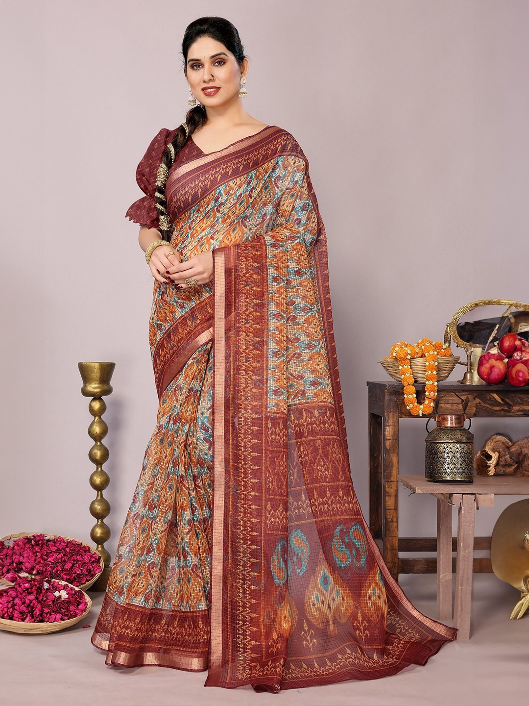 

KALINI Ethnic Motifs Zari Ikat Saree, Peach