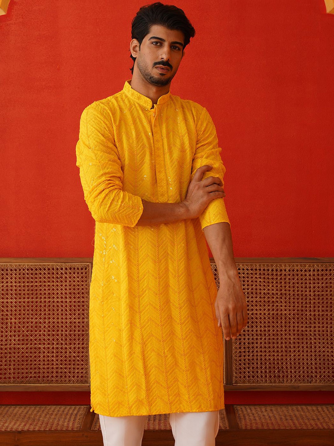 

Jompers Men Leheriya Embroidered Sequinned Kurta, Yellow