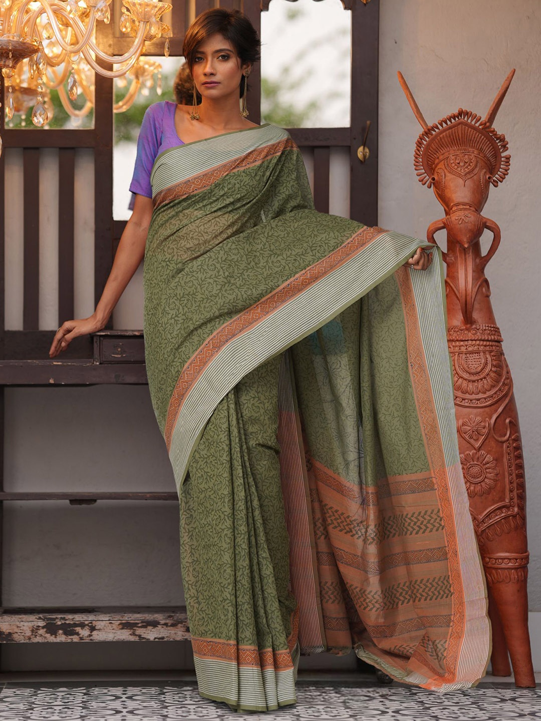 

Unnati Silks Floral Pure Cotton Mangalagiri Saree, Green