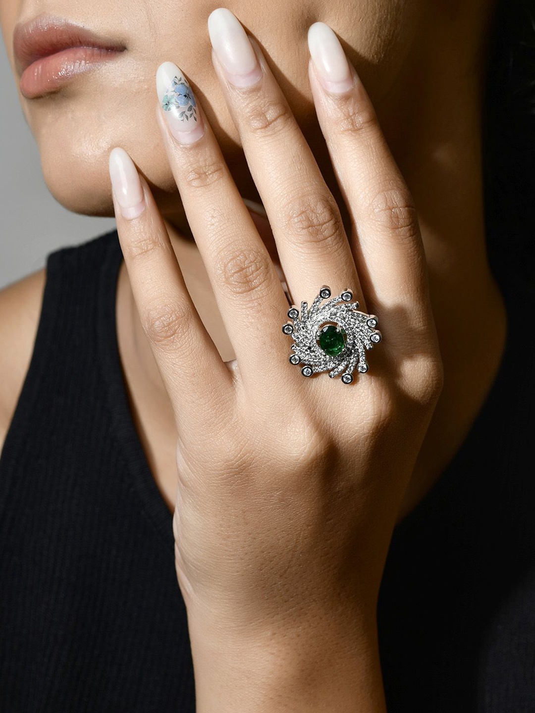 

Voylla Rhodium-Plated AD Stone-Studded Adjustable Finger Ring, Silver