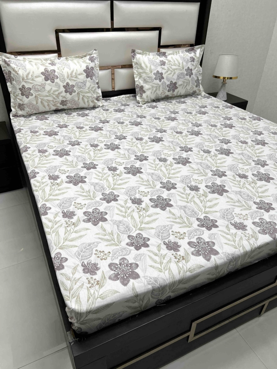 

Pure Decor White & Grey Floral 260 TC King Bedsheet with 2 Pillow Covers