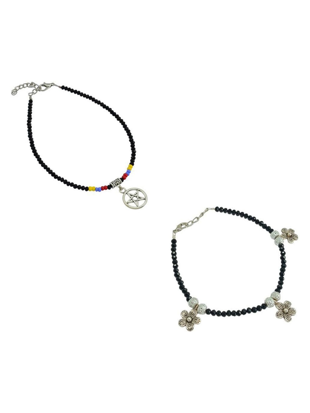 

HIGH TRENDZ Set Of 2 Beaded Single Leg Anklets, Silver