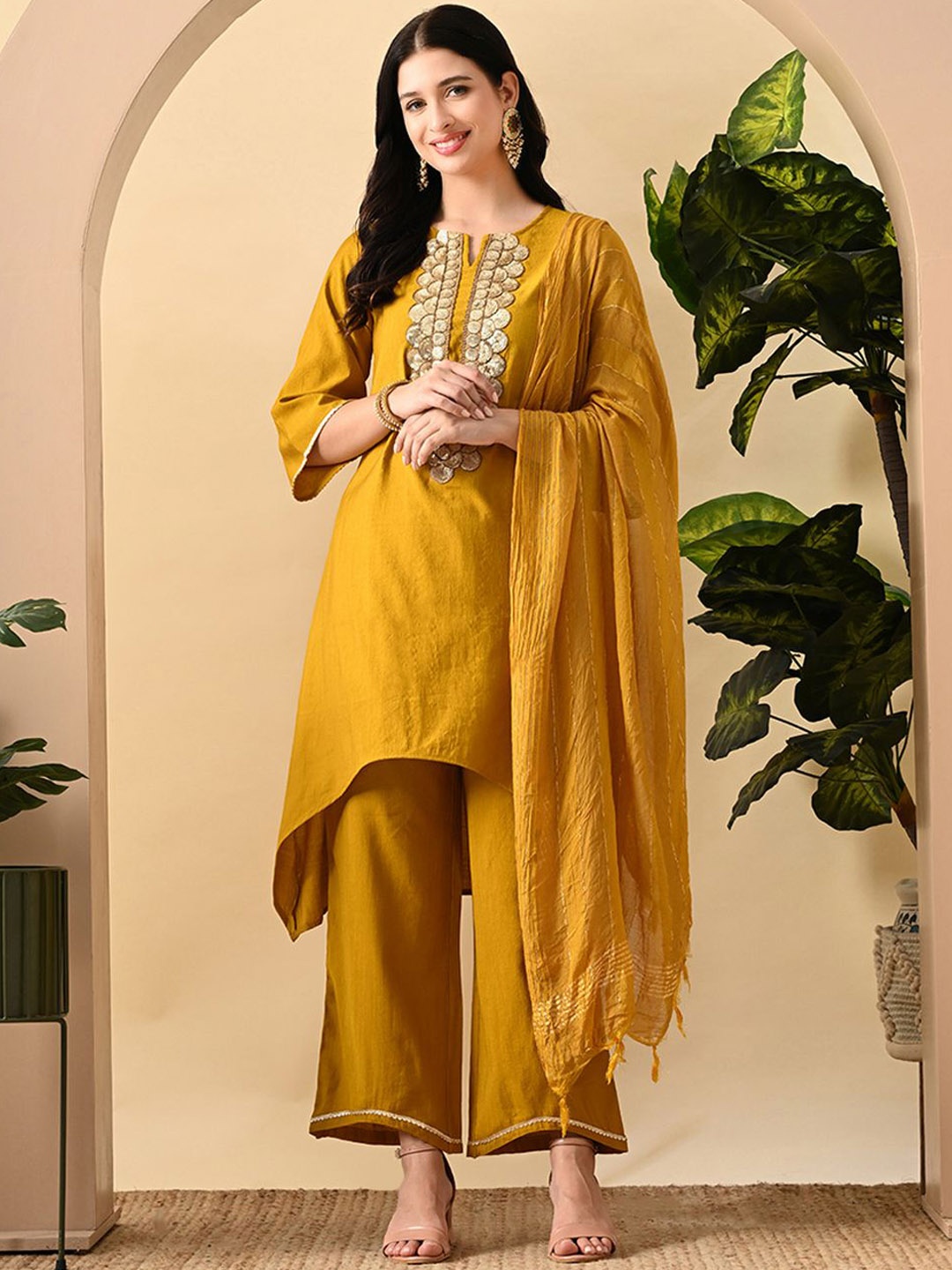 

Myshka Women Ethnic Motifs Embroidered Regular Sequinned Kurta with Trousers & With Dupatta, Mustard