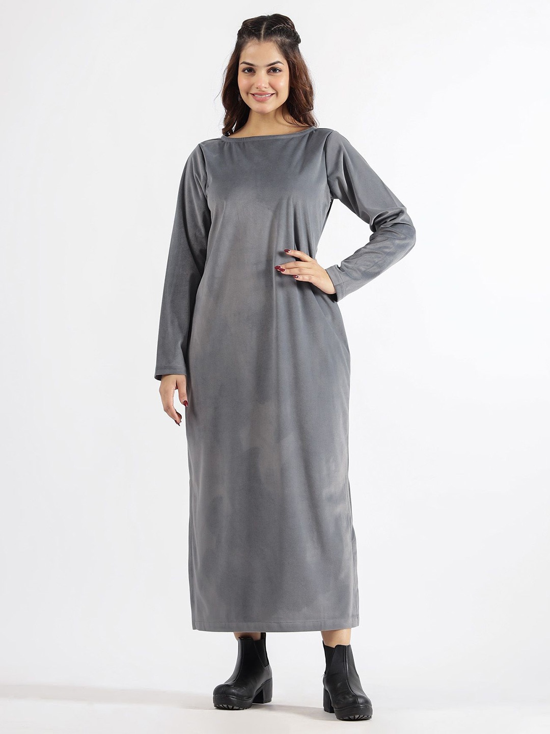 

FLAVIA CREATION Velvet Boat Neck Maxi Dress, Grey