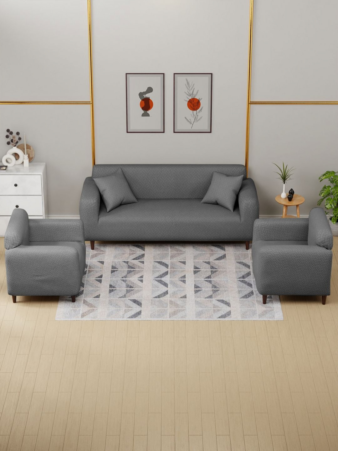 

Myntra Elegant Homes Grey Textured Jacquard 5 Piece Sofa Cover With Arms