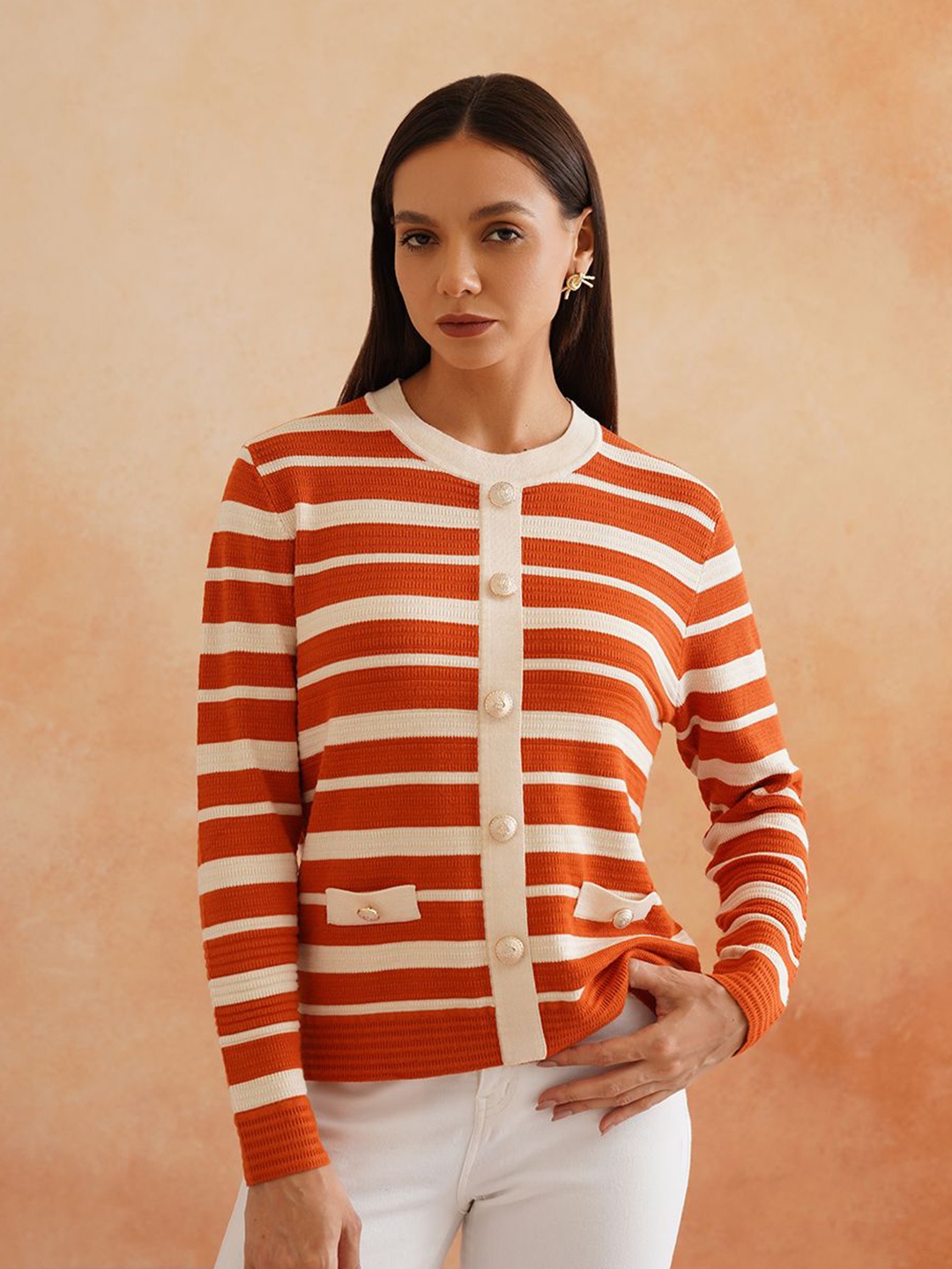 

Beatnik Women Striped Cardigan, Orange