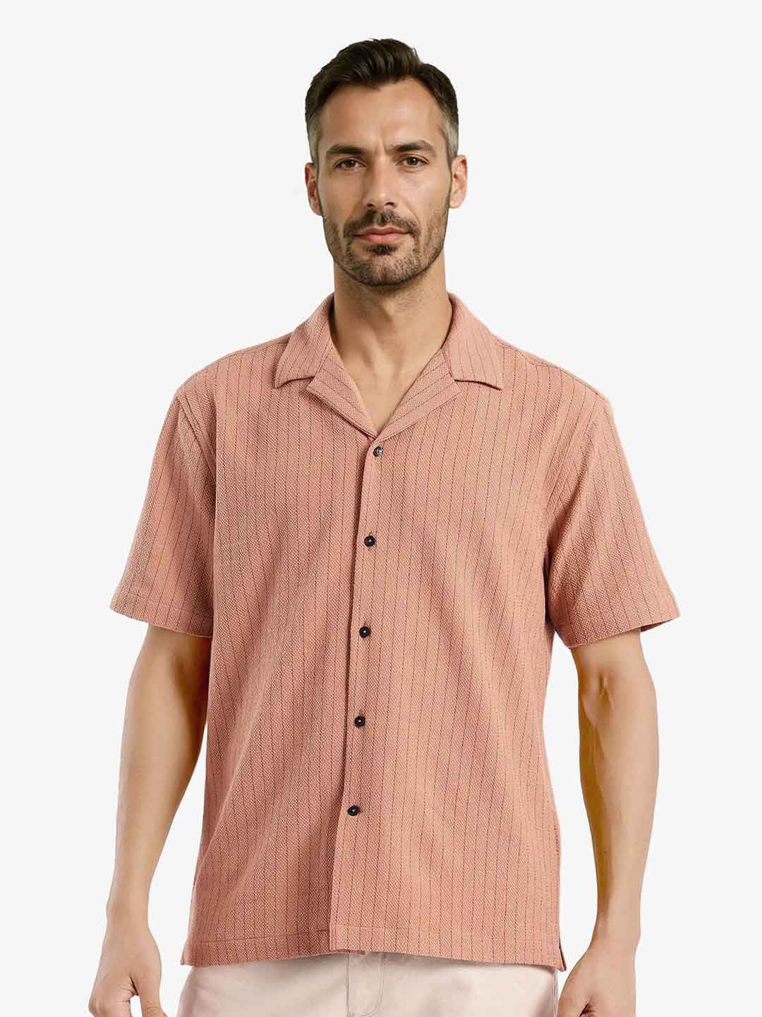 

RARE RABBIT Men Comfort Cuban Collar Vertical Striped Boxy Casual Shirt, Peach