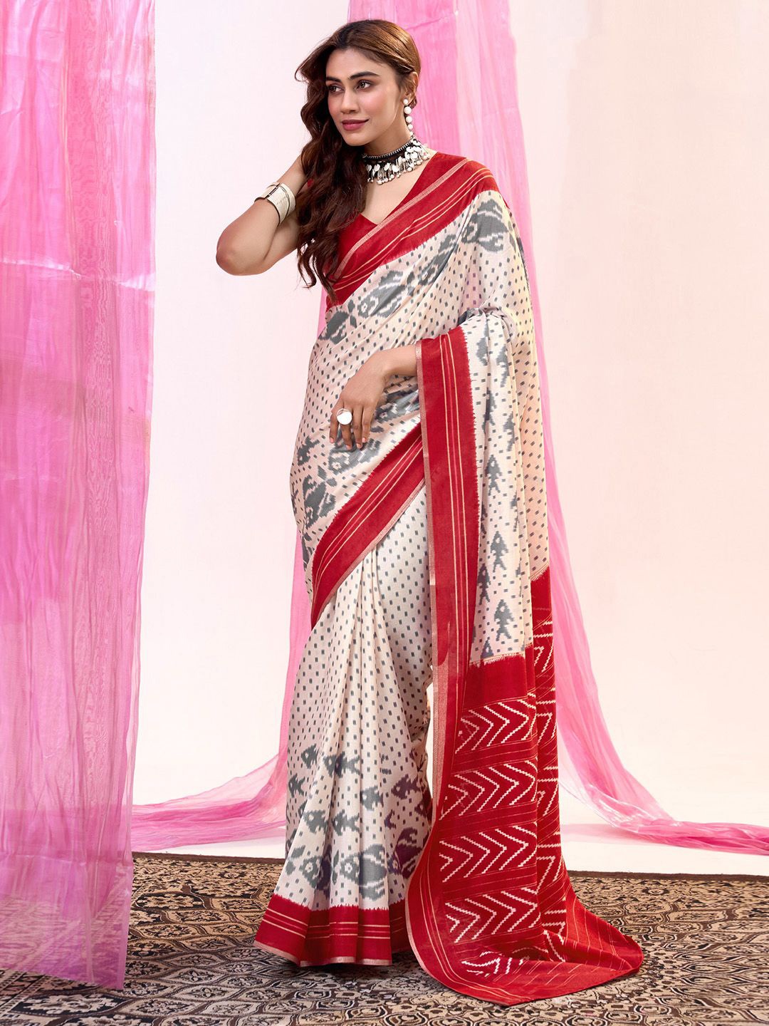 

Mitera Embellished Silk Blend Tussar Saree, White