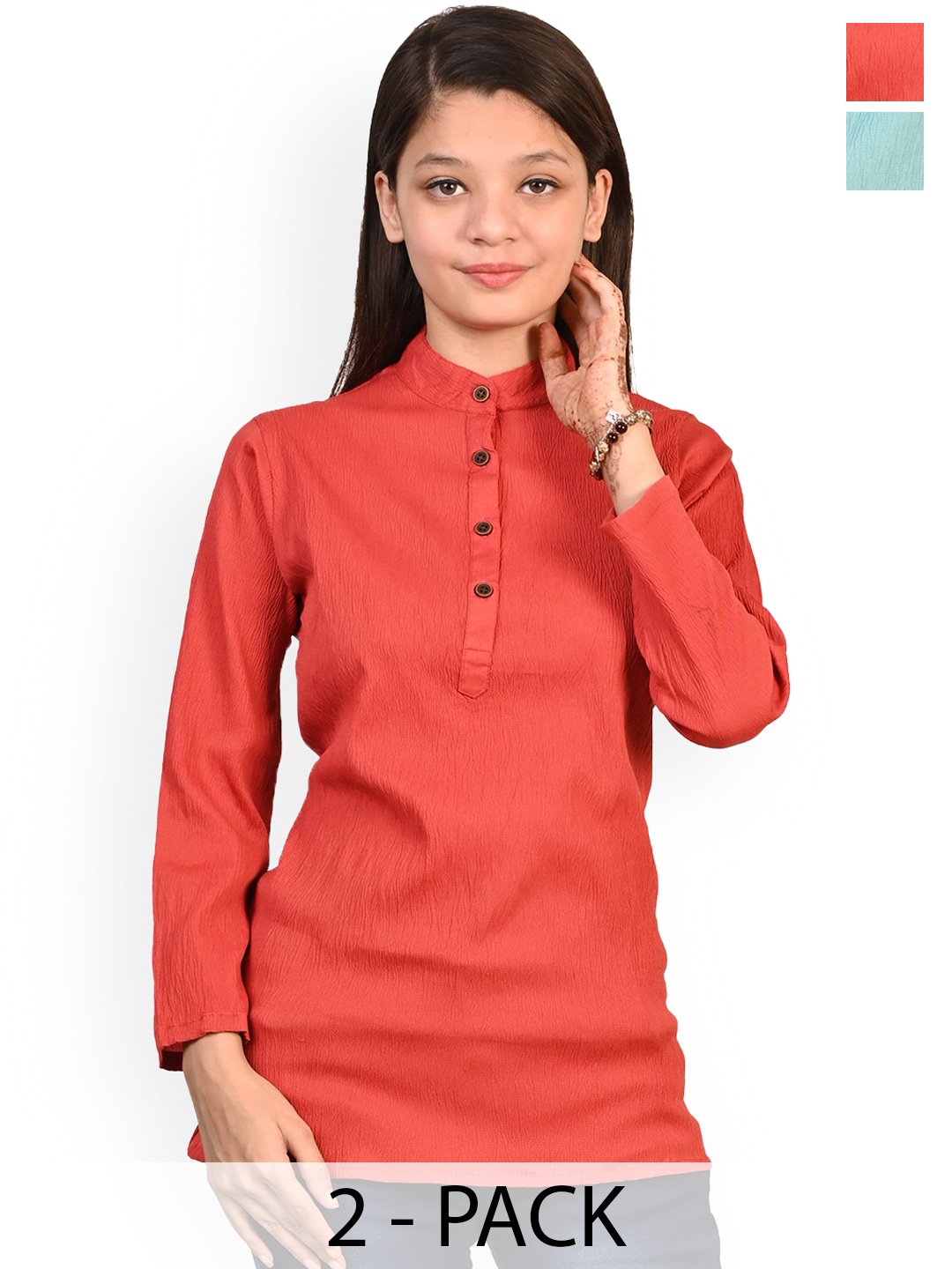 

BAESD Girls Selection Of 2 Band Collar Straight Kurtis, Red