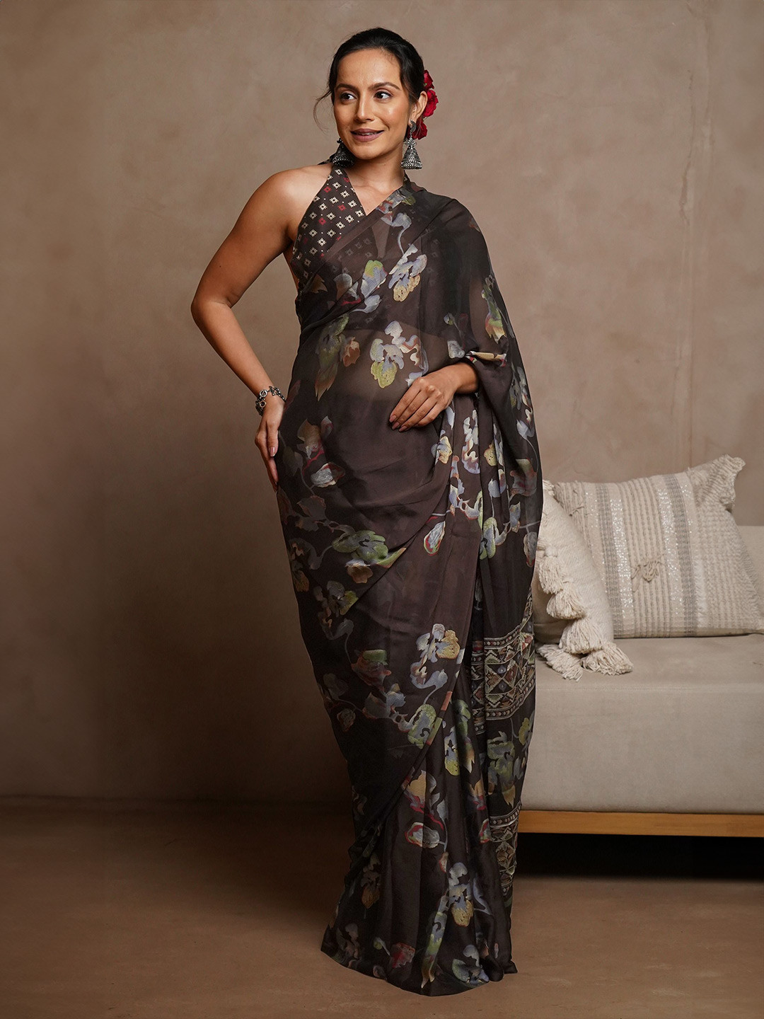 

KALINI Floral Poly Chiffon Saree, Coffee brown