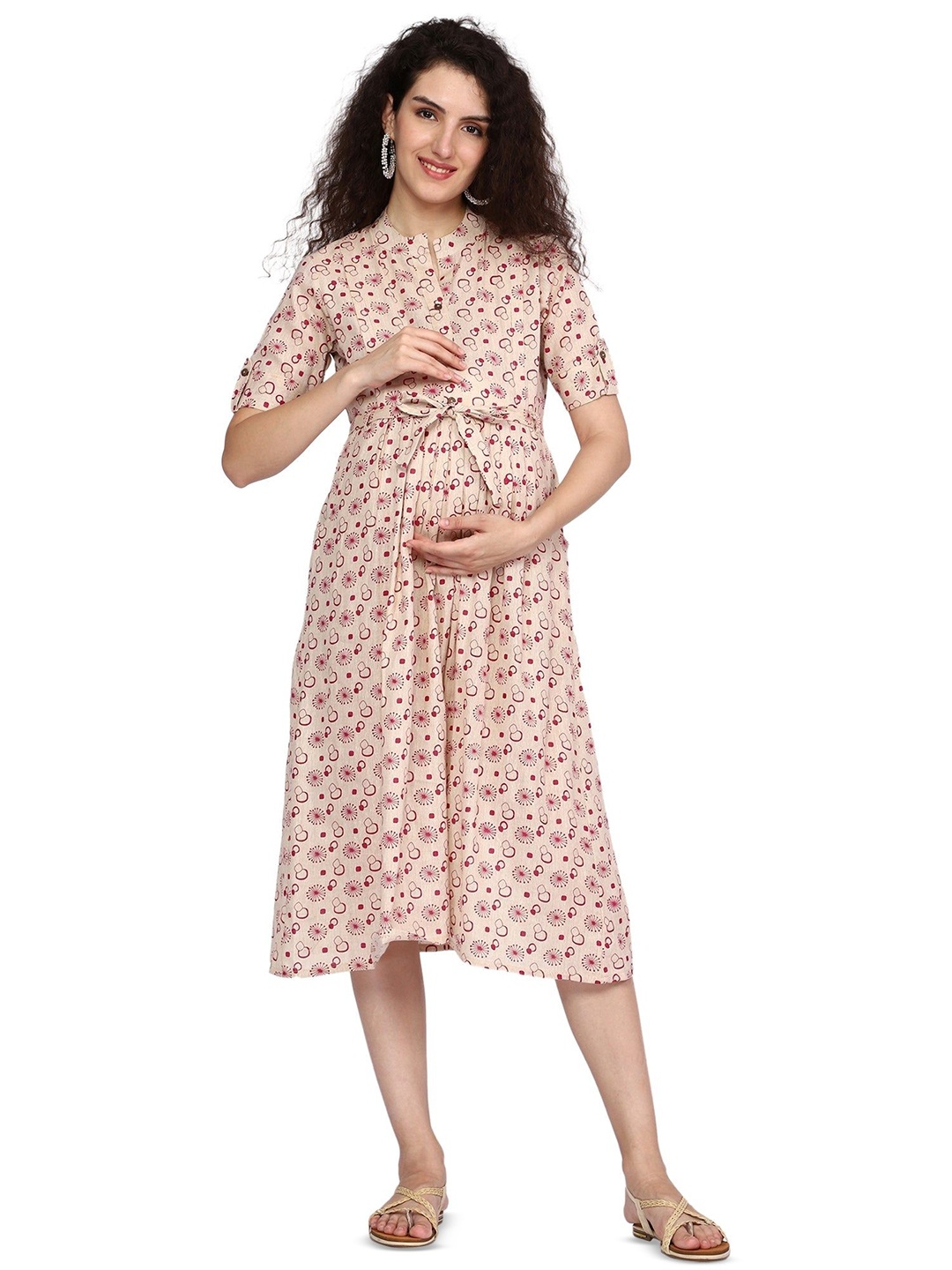 

GMI Women Floral Printed Maternity Fit & Flare Midi Dress, Beige