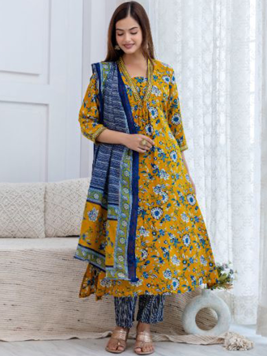 

BAIRAJ Women Ethnic Motifs Angrakha Kurta with Palazzos & With Dupatta, Mustard