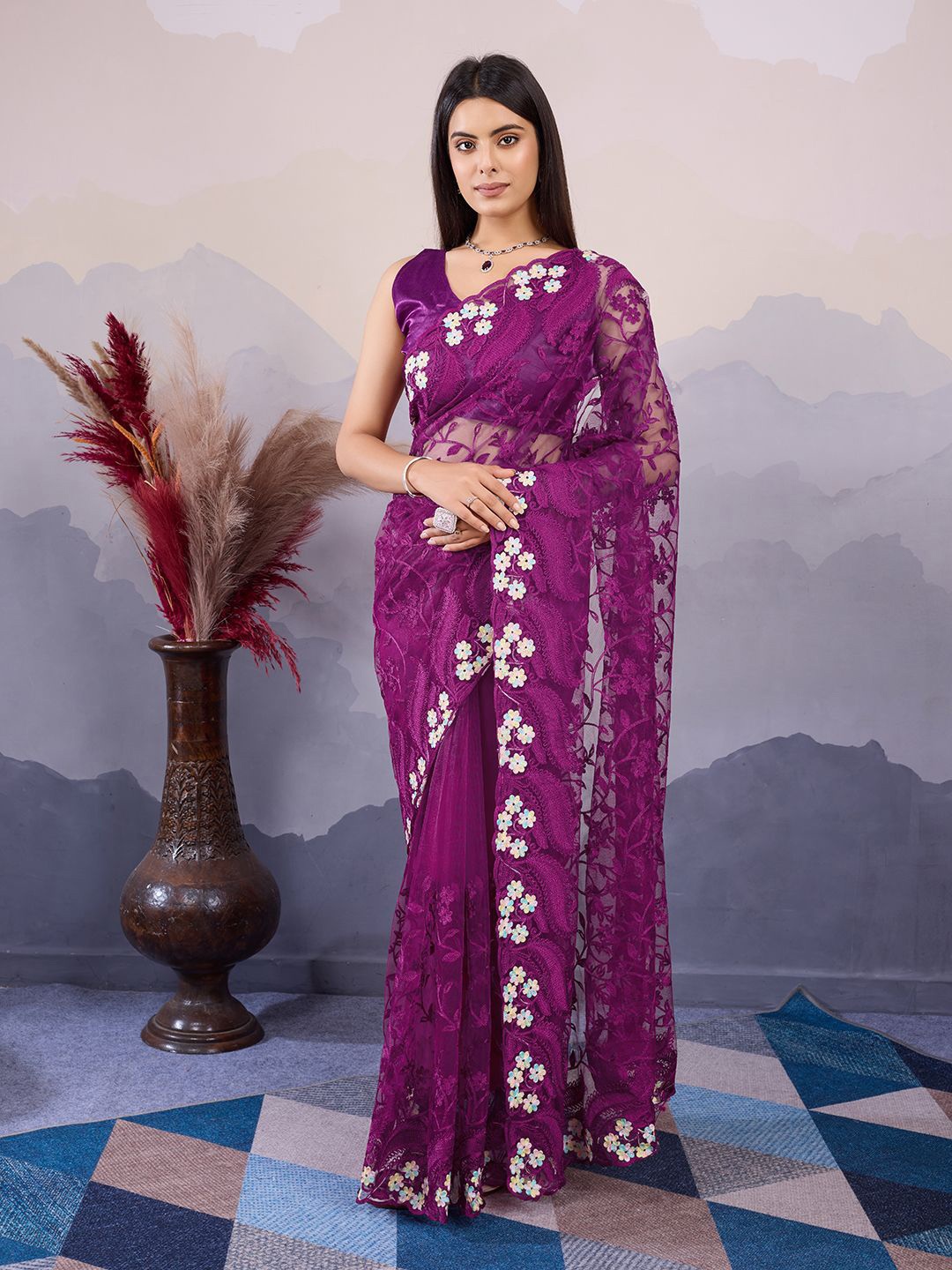 

HERE&NOW Floral Embroidered Net Saree, Purple