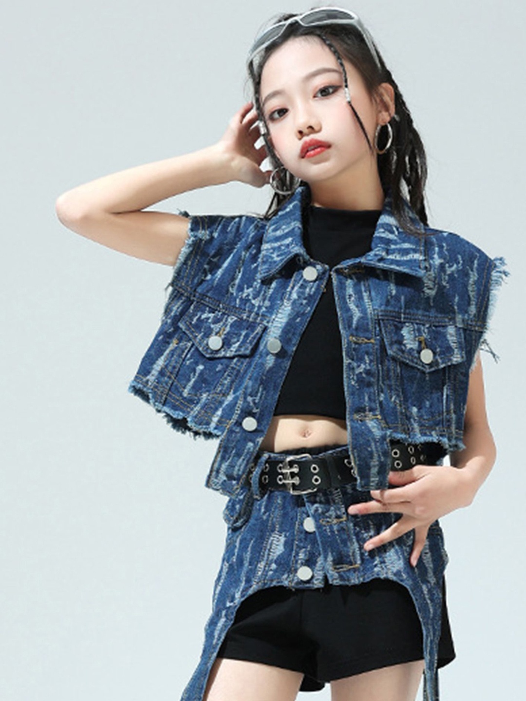 

LULU & SKY Girls Crop Denim Jacket with Patchwork, Blue