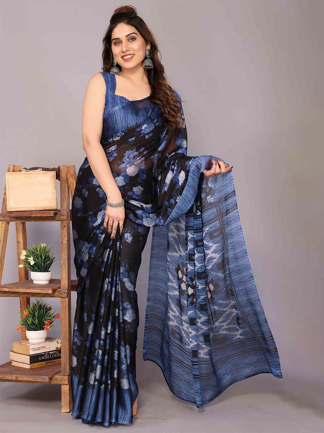 

KALINI Floral Poly Chiffon Saree, Black