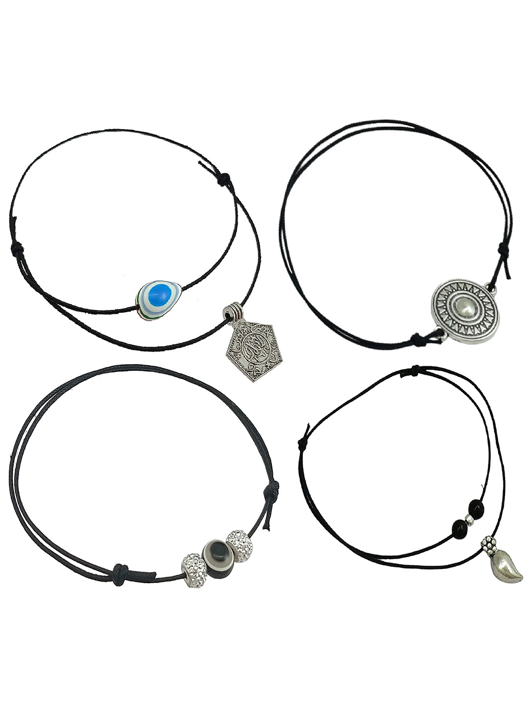 

HIGH TRENDZ Set Of 4 Oxidized Charms Adjustable Anklets, Black