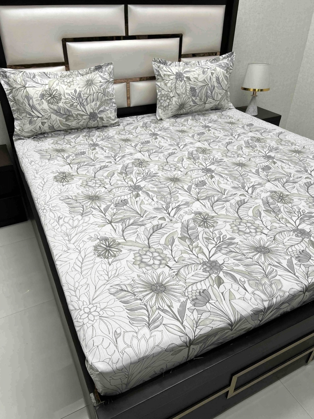 

Pure Decor White & Grey Floral 260 TC King Bedsheet with 2 Pillow Covers
