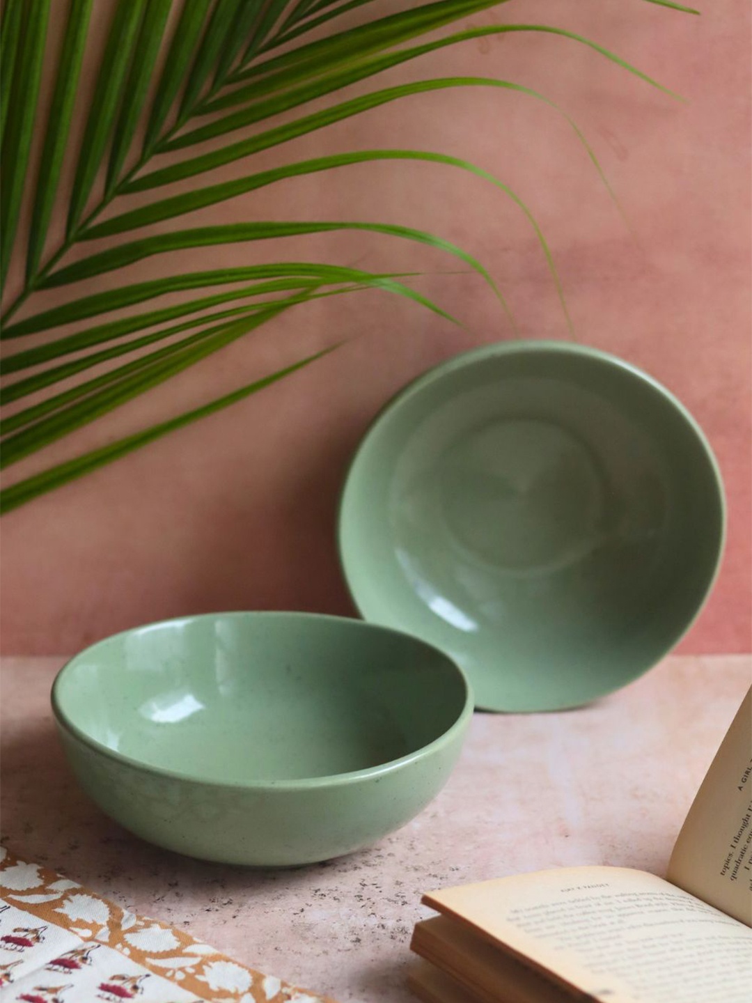 

WEAVING HOMES Green 2 Pieces Ceramic Dishwasher and Microwave Safe Serving Bowl