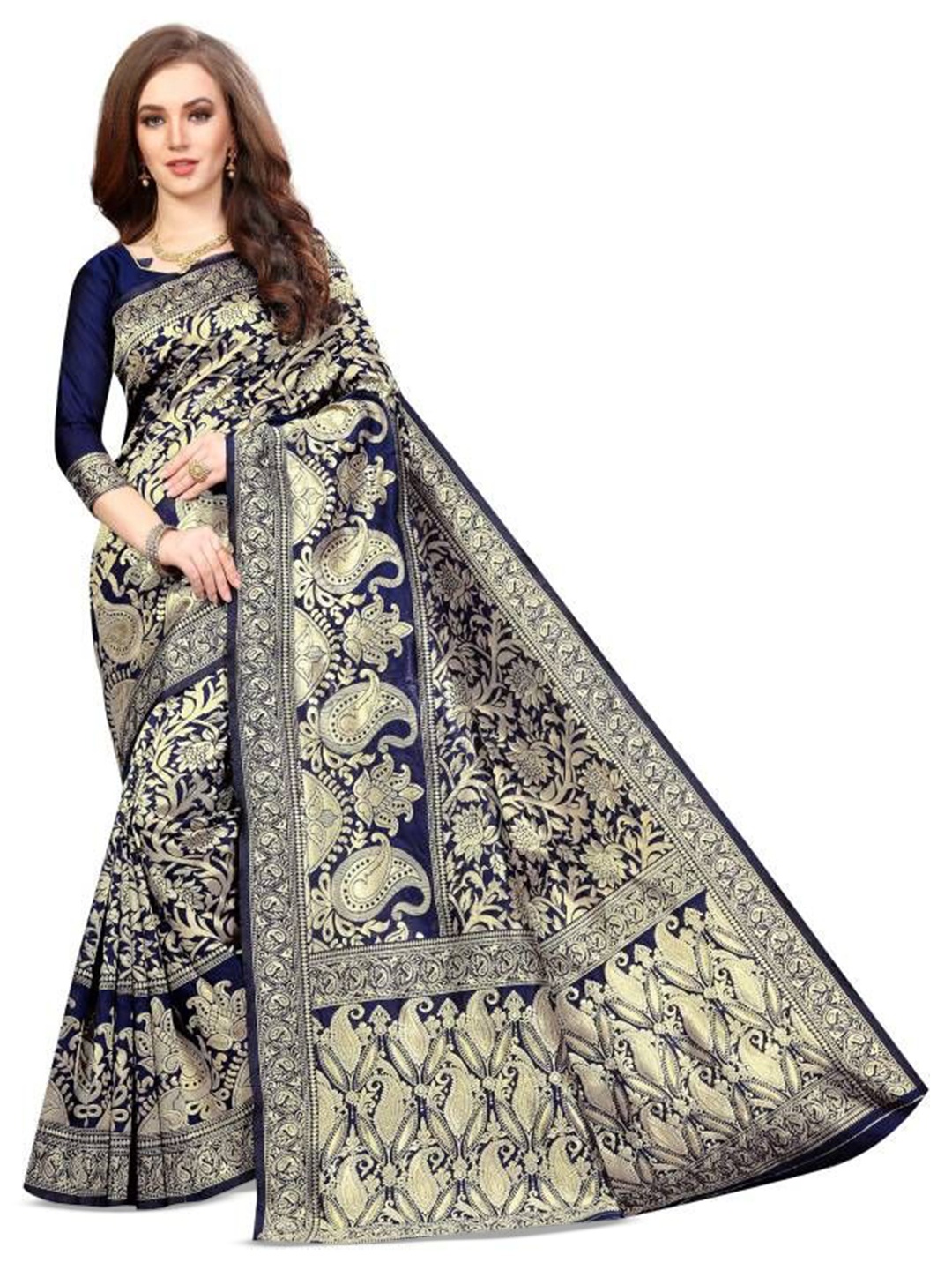 

Shiroya Brothers Woven Design Zari Jute Cotton Saree, Navy blue