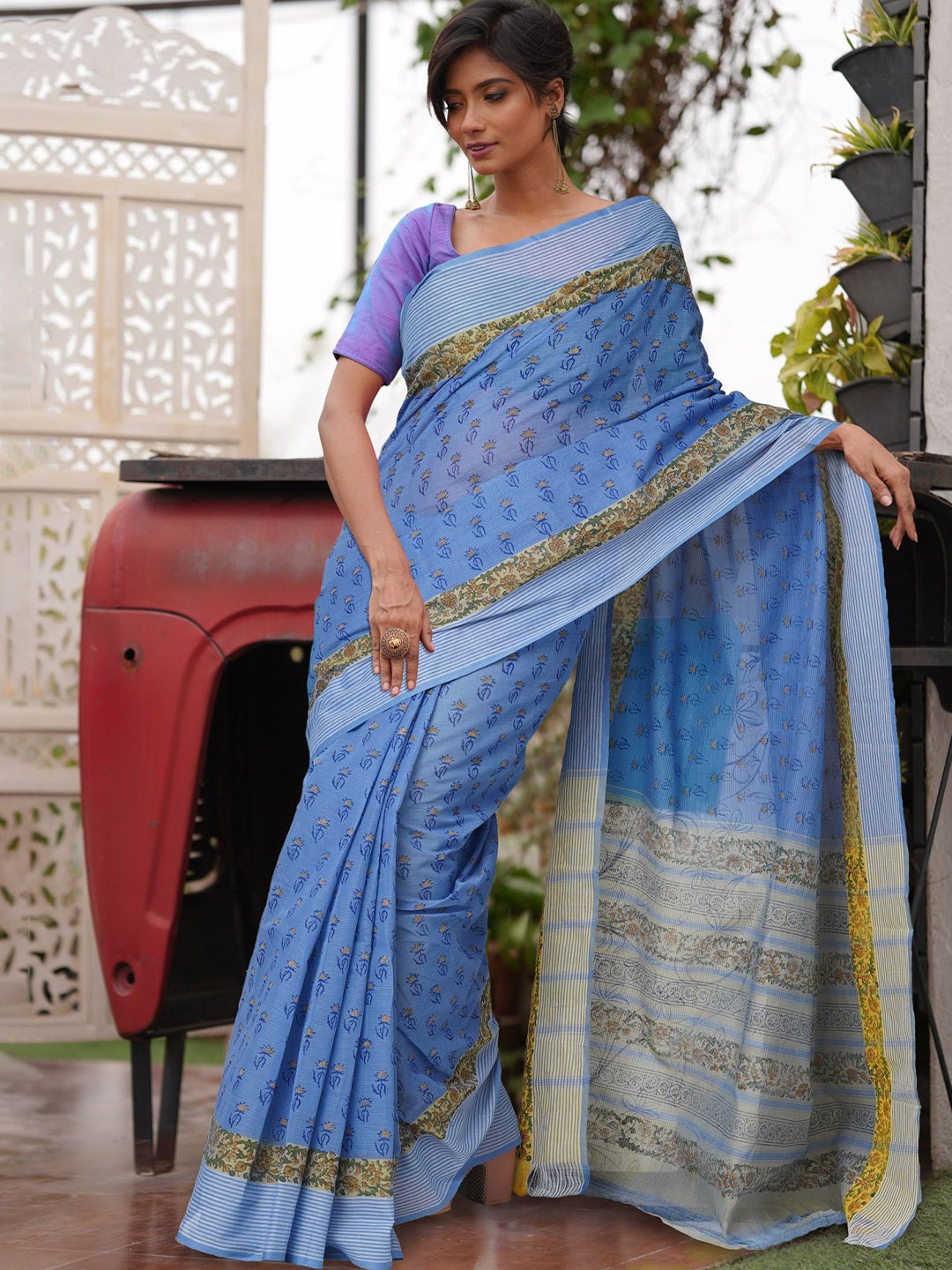 

Unnati Silks Floral Embroidered Pure Cotton Handloom Mangalagiri Saree, Blue