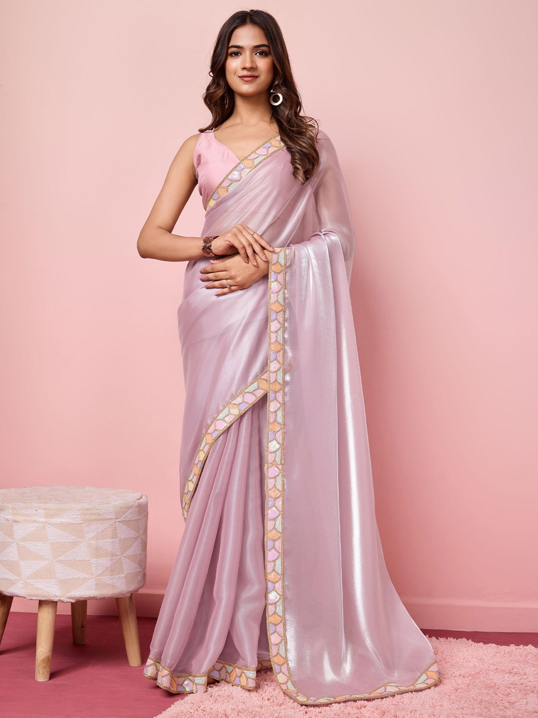 

HERE&NOW Sequinned Embellished Border Saree, Mauve