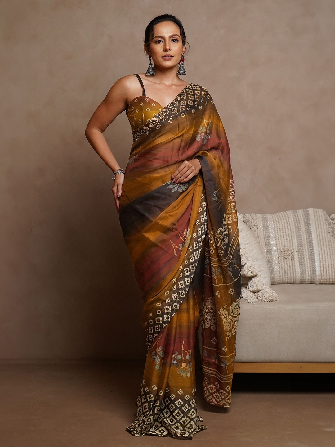 

KALINI Floral Poly Chiffon Saree, Mustard