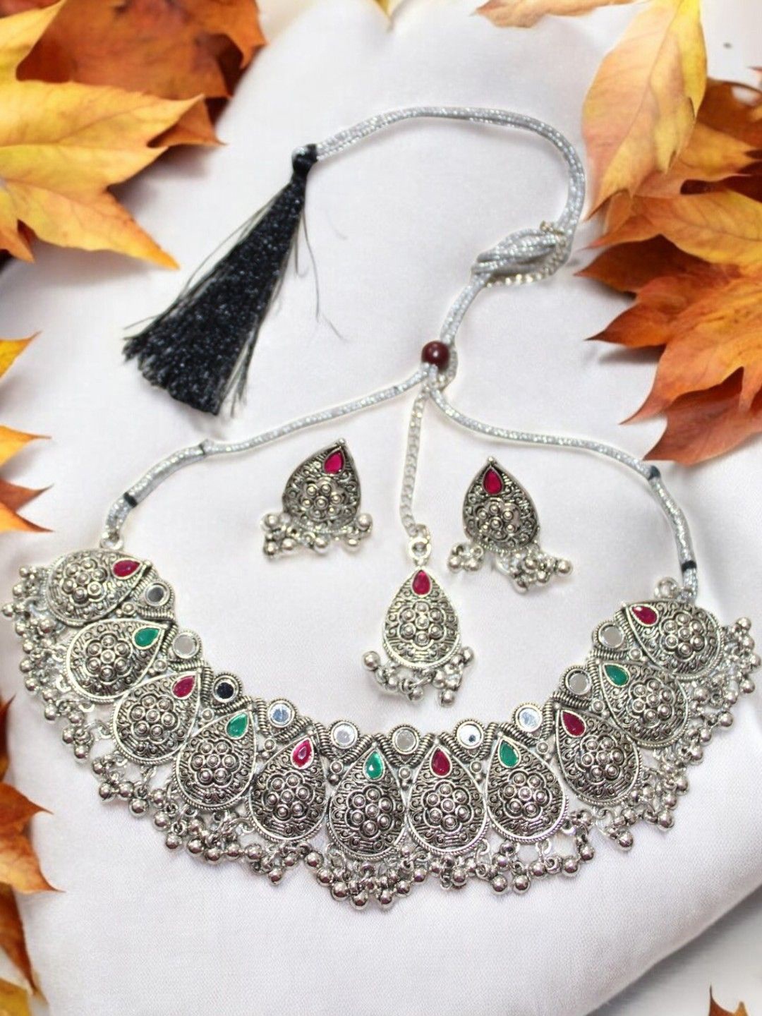 

Jolly Faces Stone Studded Jewellery Set, Silver