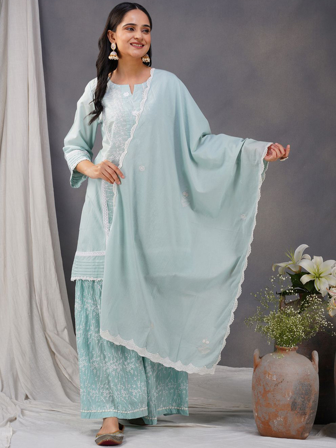 

zuri Floral Embroidered Round Neck Regular Pure Cotton Kurta With Trouser With Dupatta, Blue