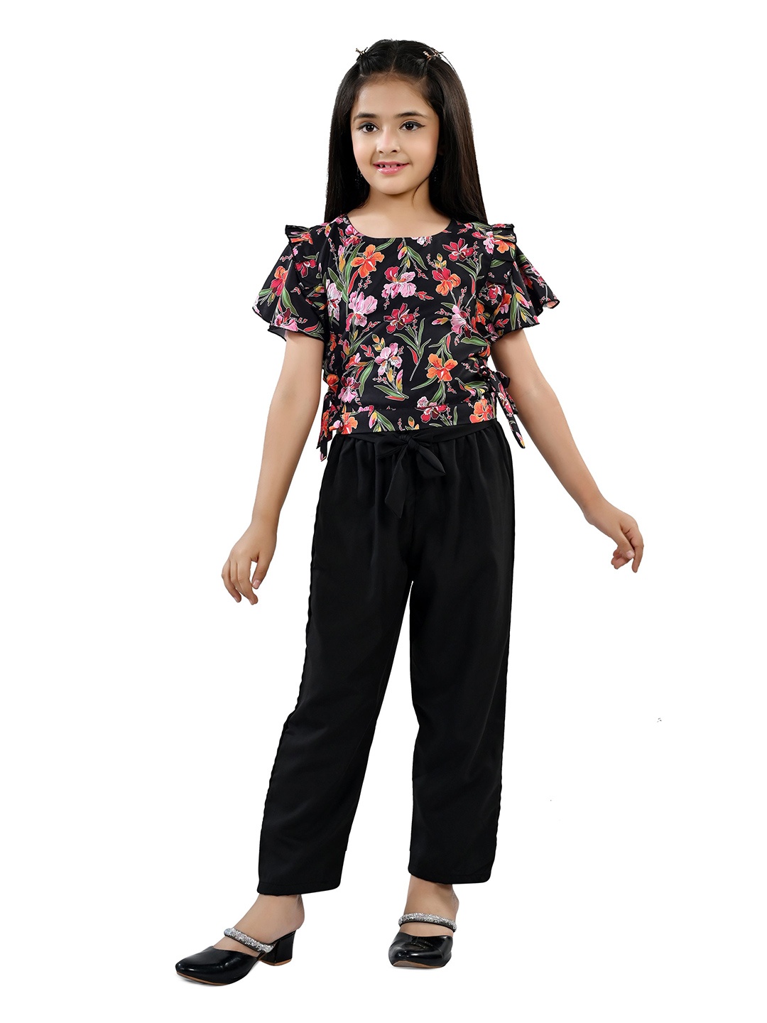 

Arshia Fashions Girls Printed Top with Trousers, Black
