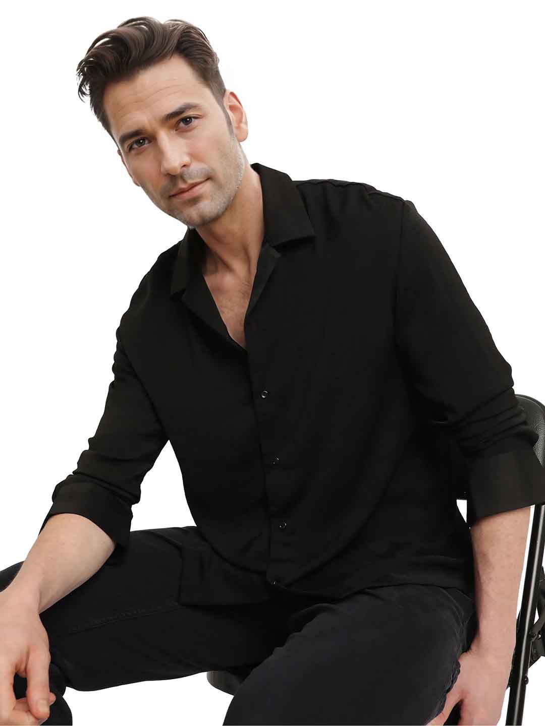 

RARE RABBIT Men Comfort Cuban Collar Solid Casual Shirt, Black