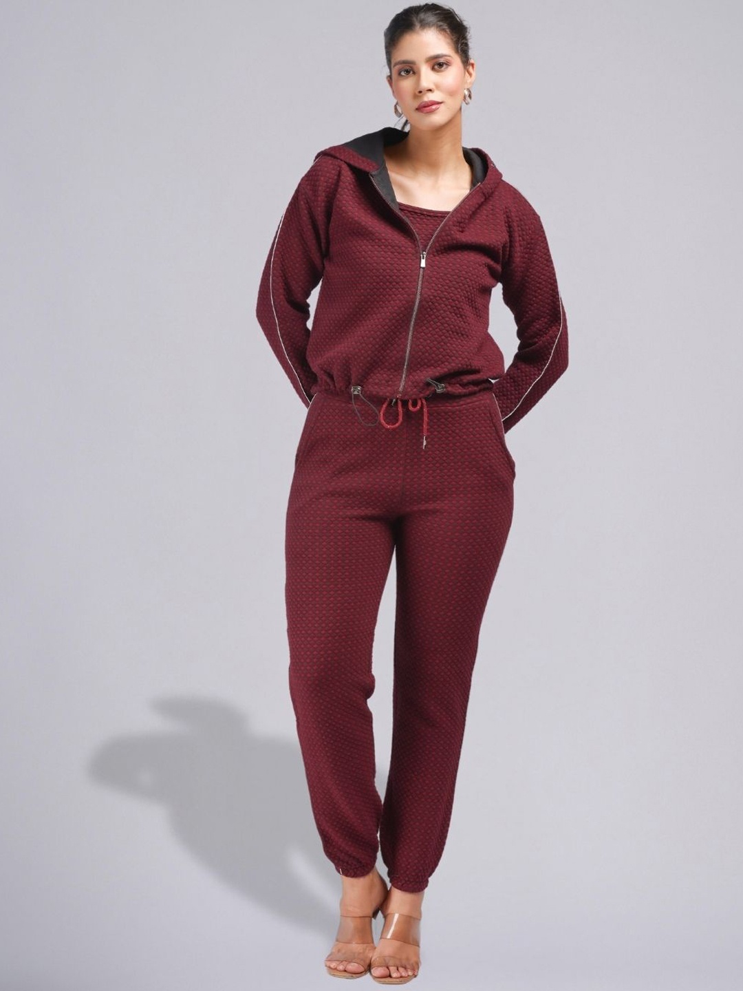 

PUREMIST Self Design Shoulder Straps Neck Sleeveless Top With Trouser With Jacket, Maroon