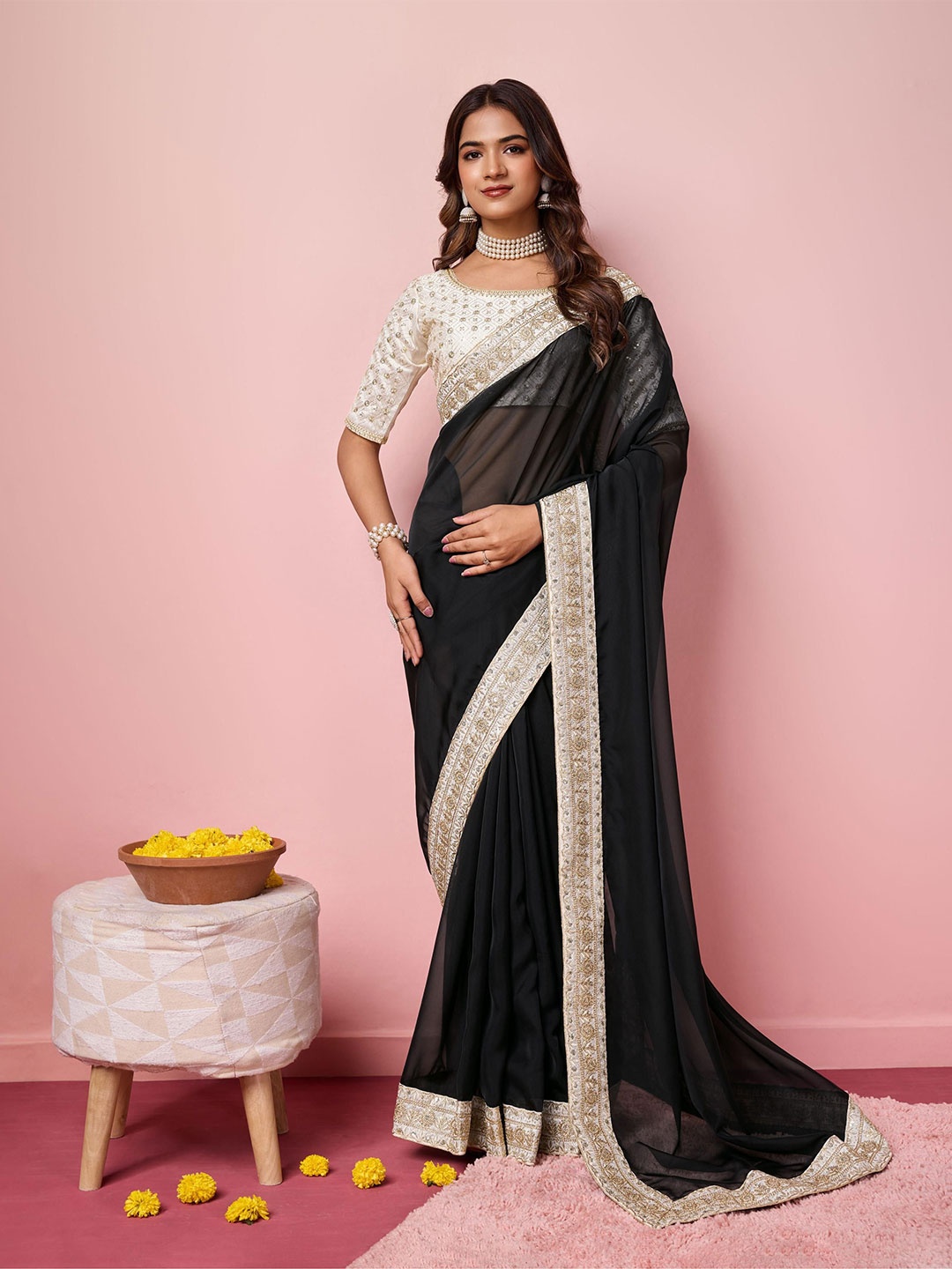 

HERE&NOW Sequinned Saree, Black