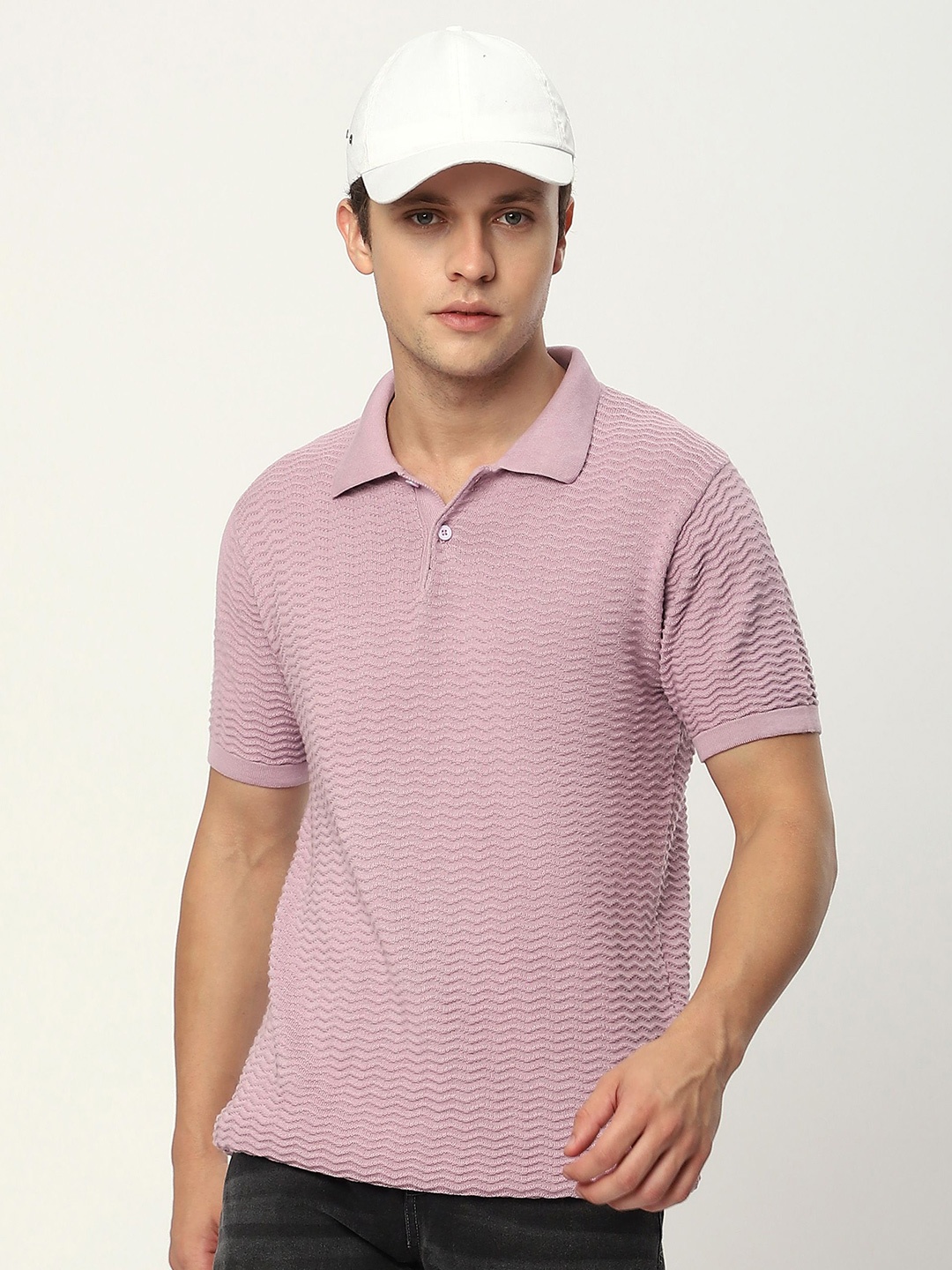

Beyoung Men Striped Polo Collar Raw Edge T-shirt, Pink