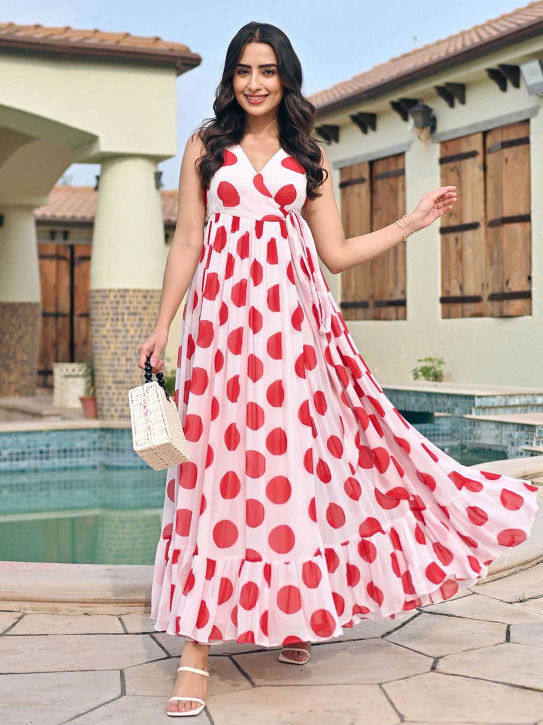 

DressBerry Polka Dot Print Georgette Maxi Dress, Red