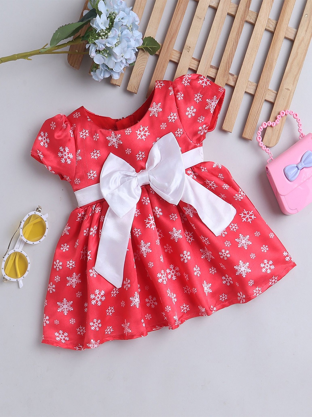 

MANY FROCKS & Floral Print Flutter Sleeve Satin Fit & Flare Dress, Red