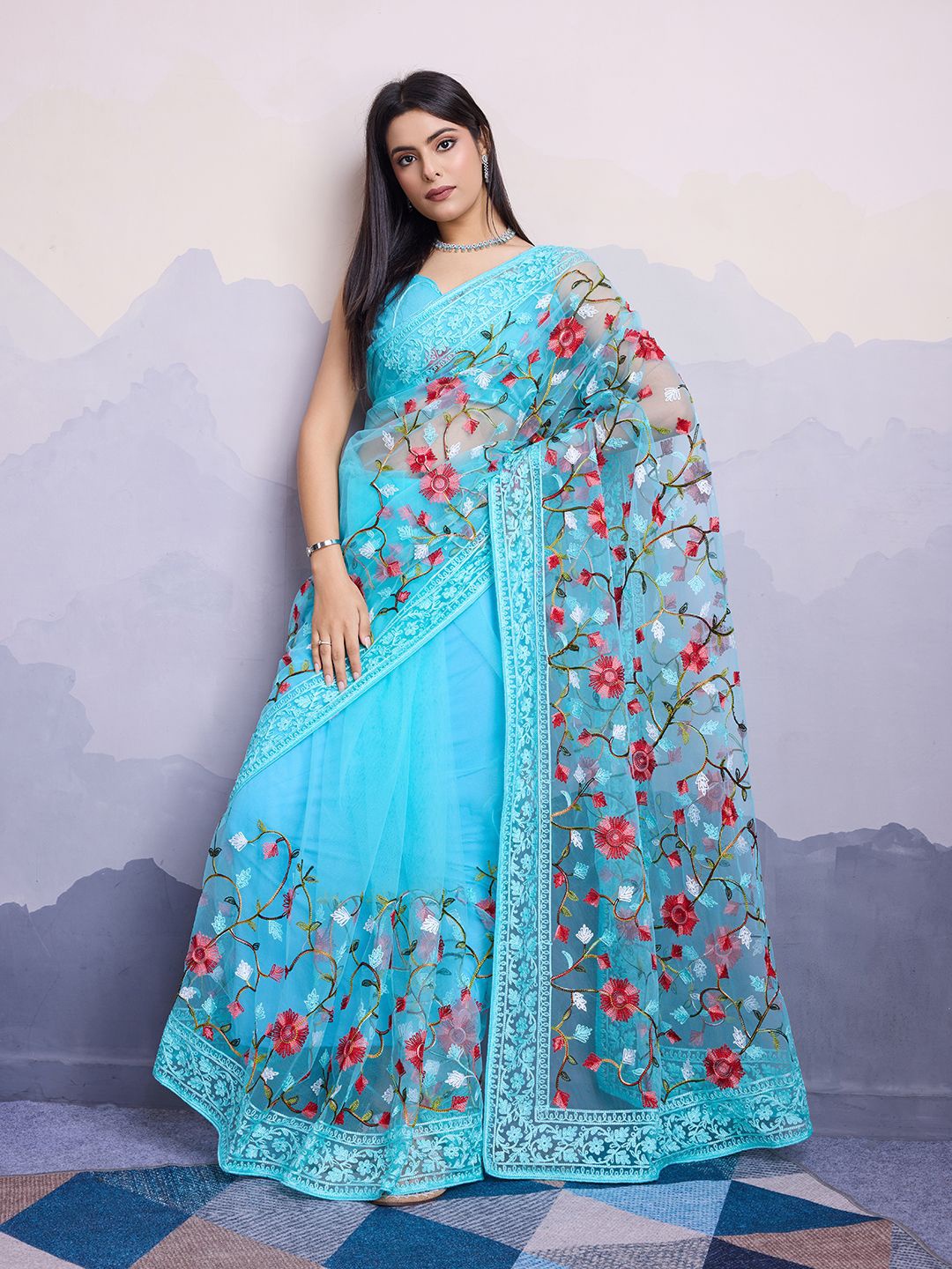 

HERE&NOW Floral Embroidered Net Saree, Turquoise blue