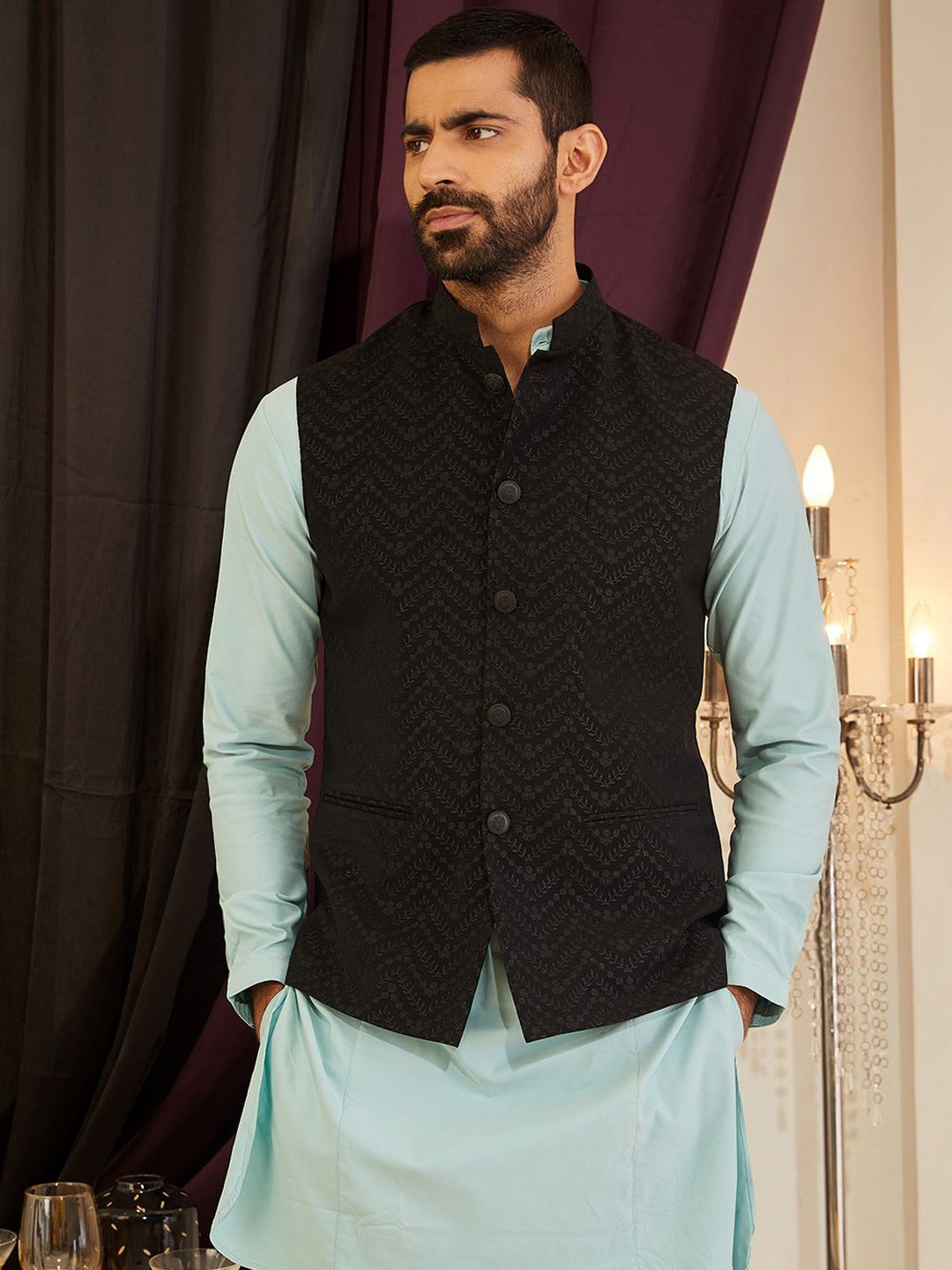 

MR BUTTON Embroidered Nehru Jacket, Black