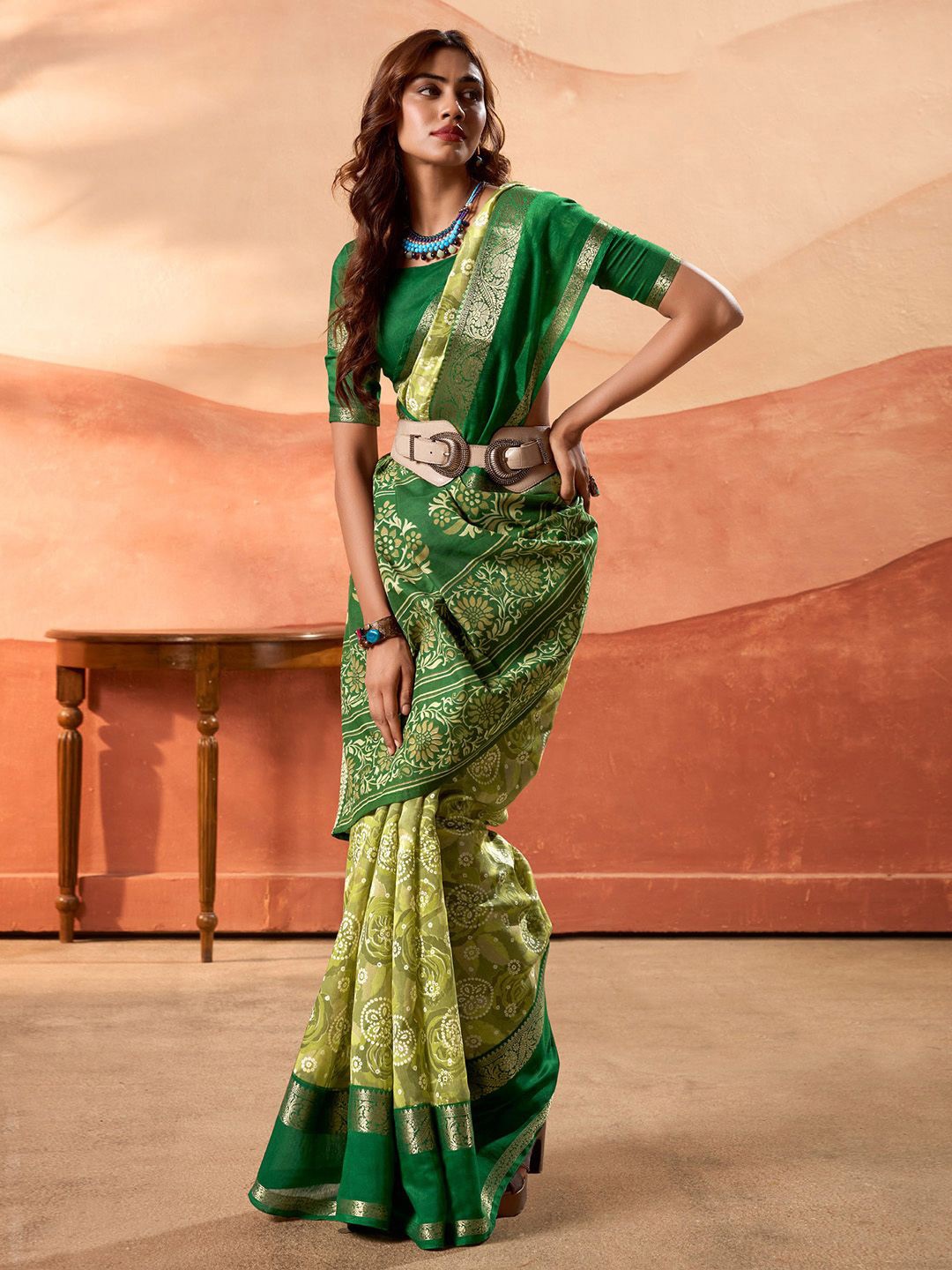 

Mitera Ethnic Motifs Printed Zari Woven Design Saree, Green