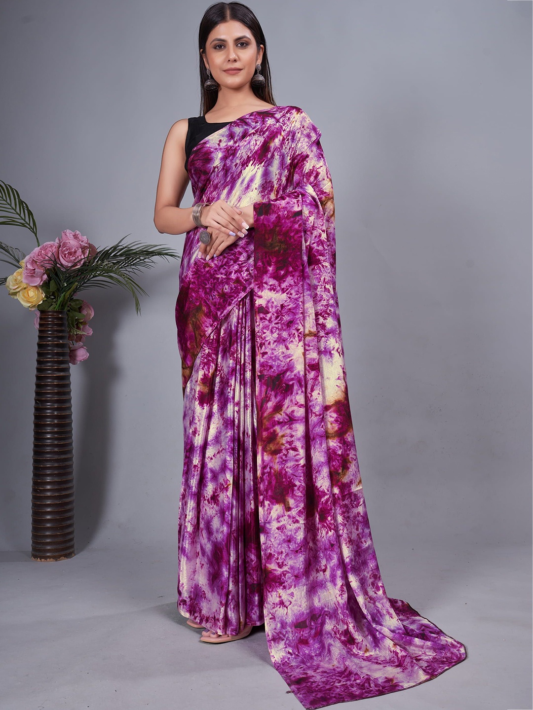 

KAYOMMI Tie and Dye Pure Chiffon Ready to Wear Saree, Pink