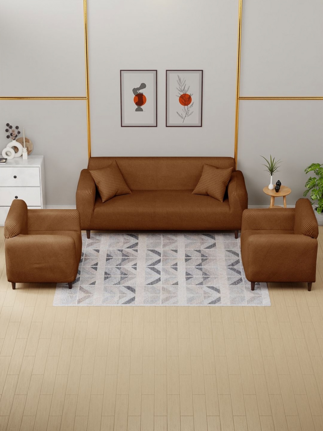 

Myntra Elegant Homes Beige Self Design Jacquard 5 Seater Sofa Cover With Arms