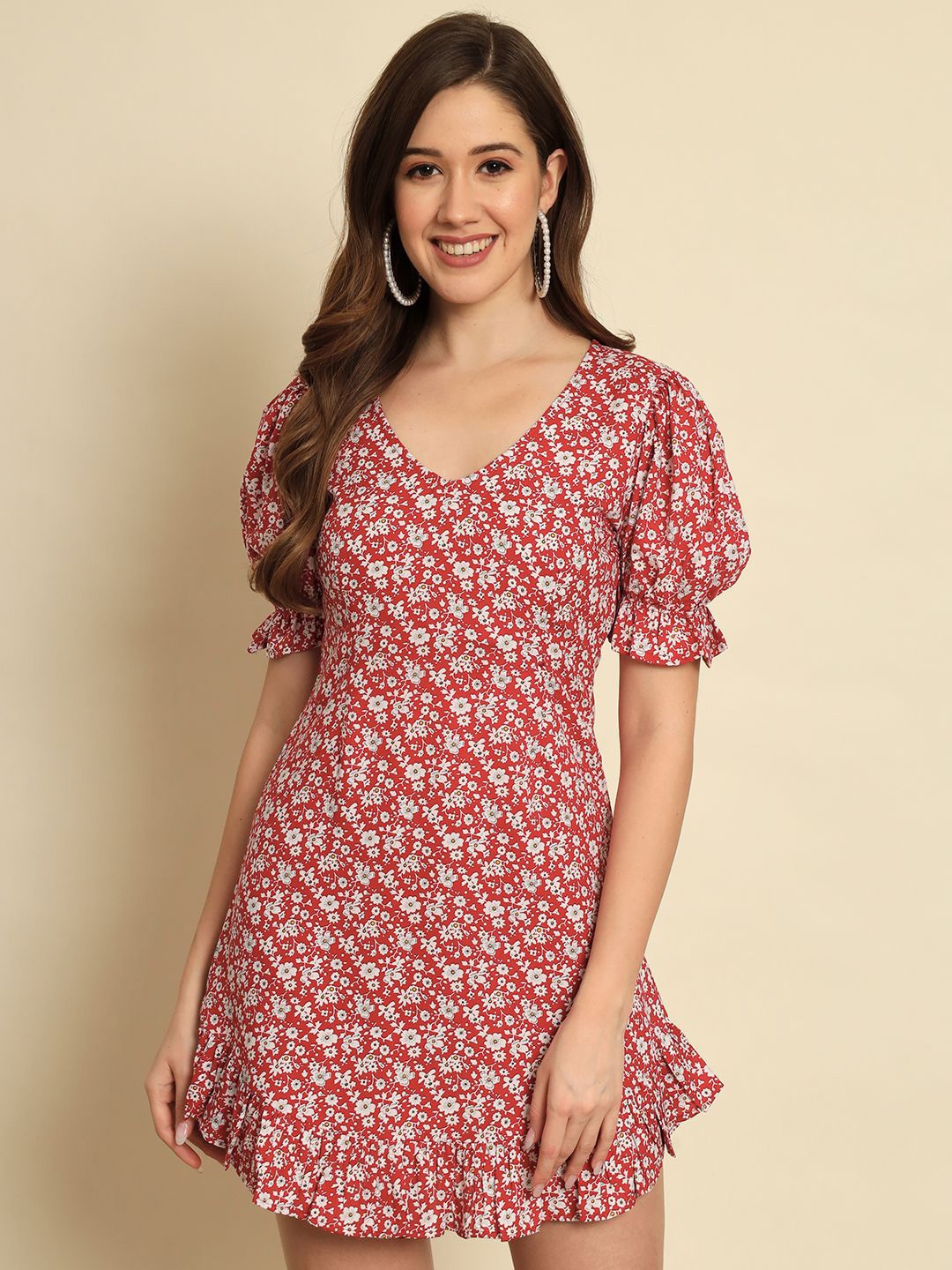 

BAESD Floral Puff Sleeve A-Line Mini Dress, Red