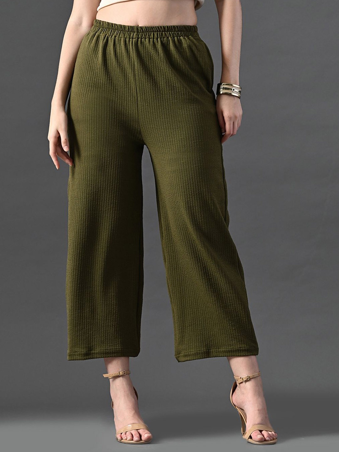 

The Roadster Lifestyle Co. Women Easy Wash Self Design Straight Fit Wide Leg Trousers, Olive
