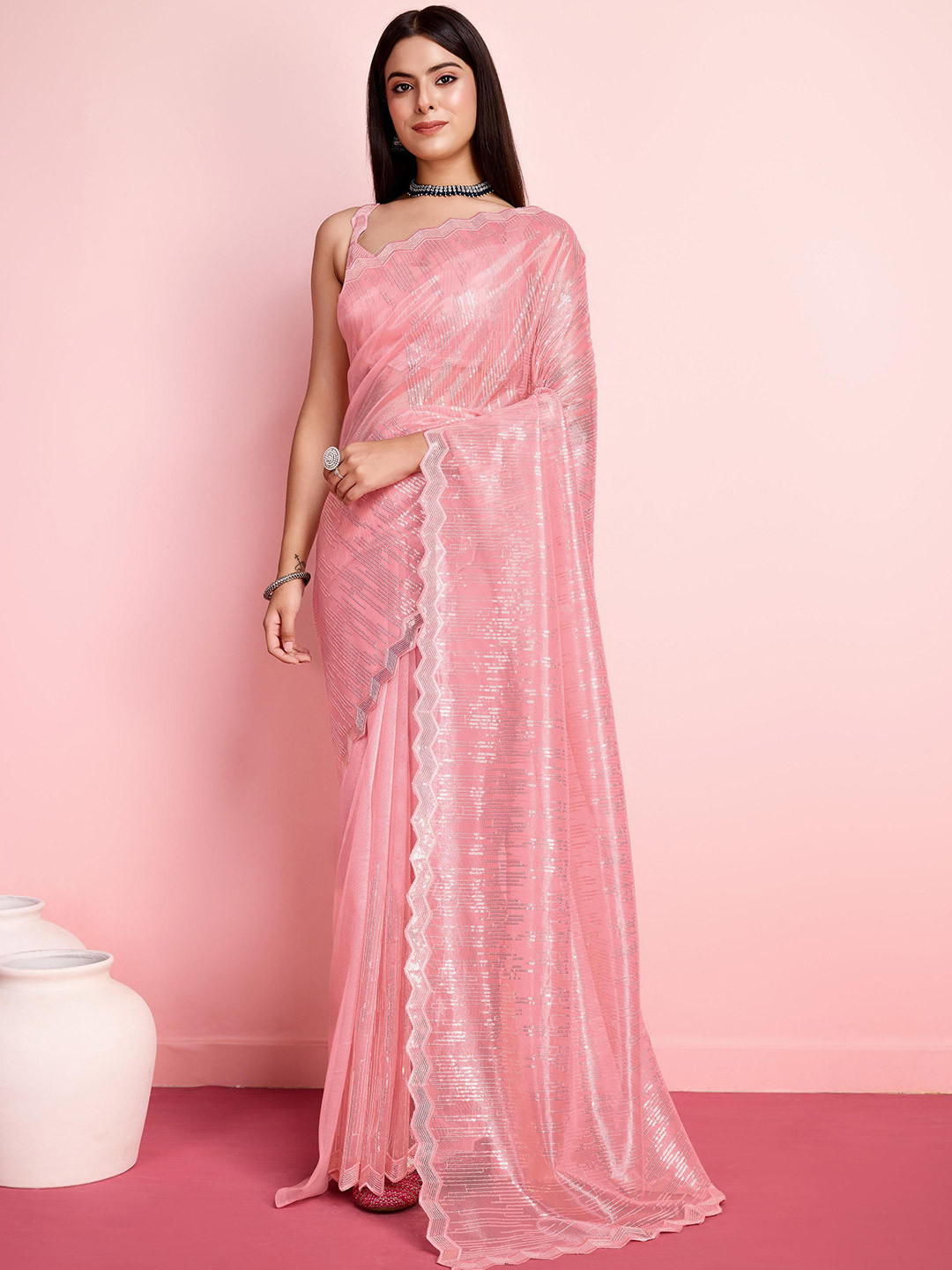 

HERE&NOW Sequinned Net Saree, Pink