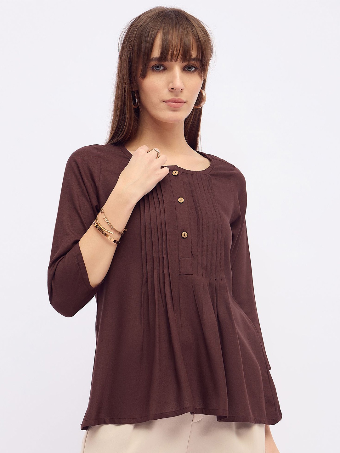 

DressBerry Mandarin Collar Top, Coffee brown