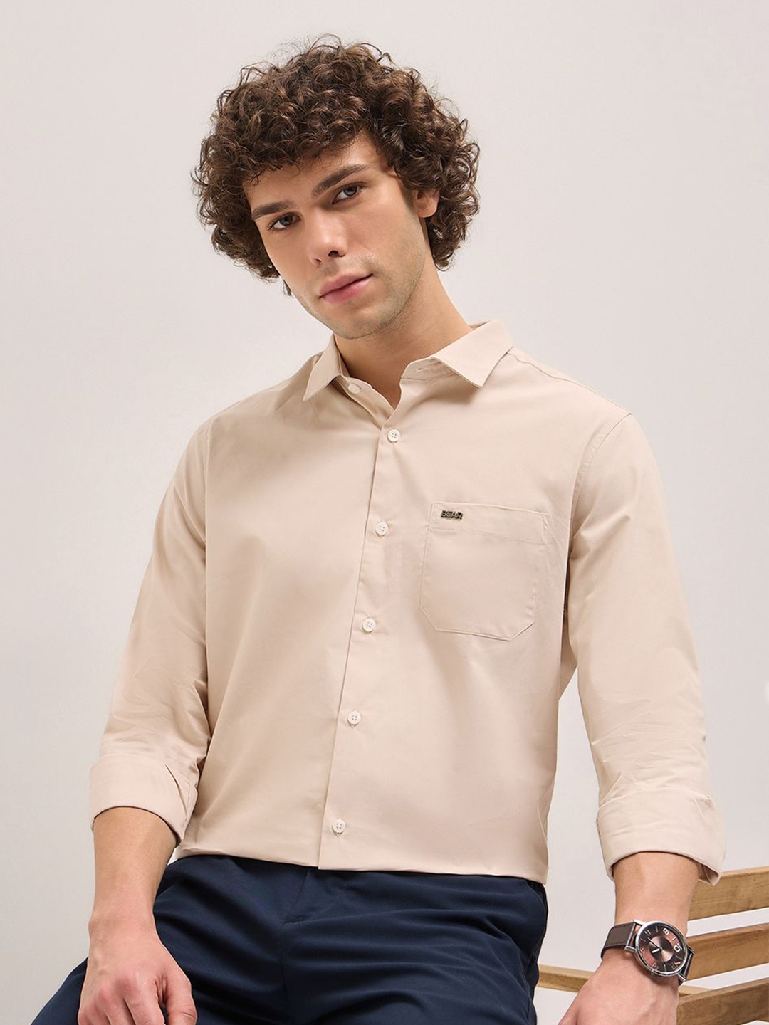 

THE BEAR HOUSE Men Spread Collar Solid Cotton Tailored Fit Formal Shirt, Beige